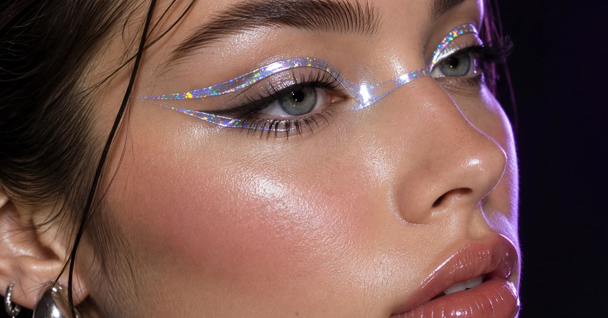 Futuristic holographic silver graphic eyeliner cyberpunk makeup look