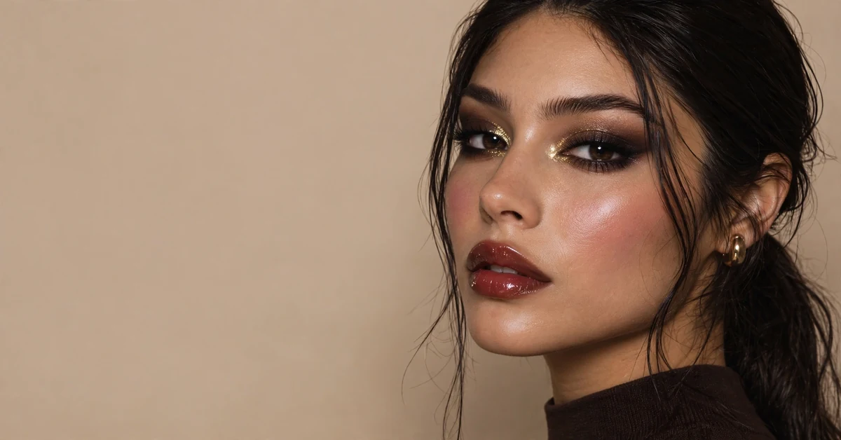 Smokey brown eyes with gold inner corner highlight fall glam makeup
