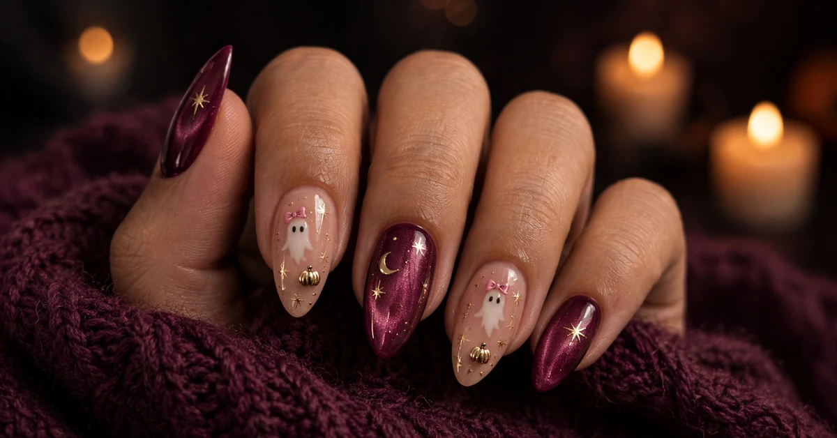 Deep plum Halloween nails with cute ghost nail art, pumpkins and gold stars