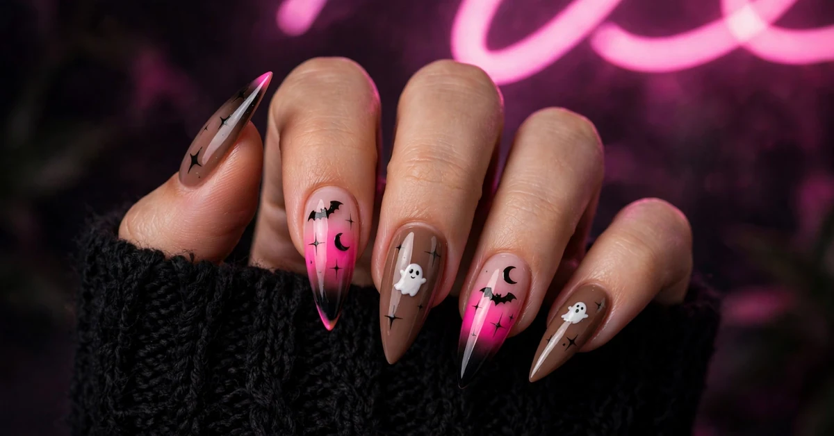 Neon pink ombre Halloween nails with ghost and bat nail art, edgy spooky design