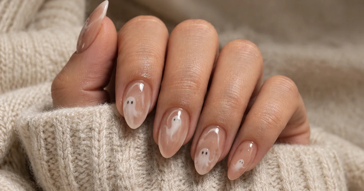 Minimalist milky nude ghost nails, clean girl aesthetic Halloween manicure