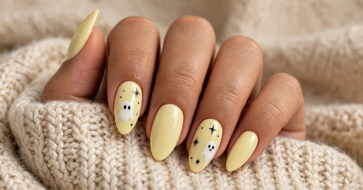 Soft pastel yellow ghost nails with cute autumn sweater aesthetic