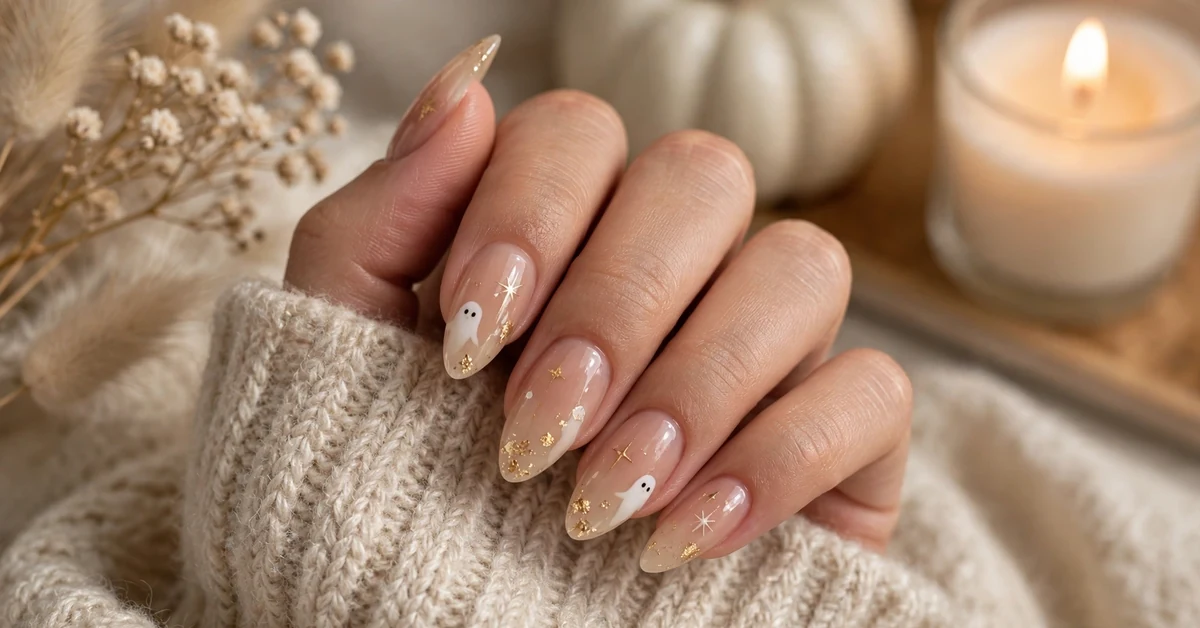 Elegant nude and gold foil ghost nails for a classy Halloween manicure