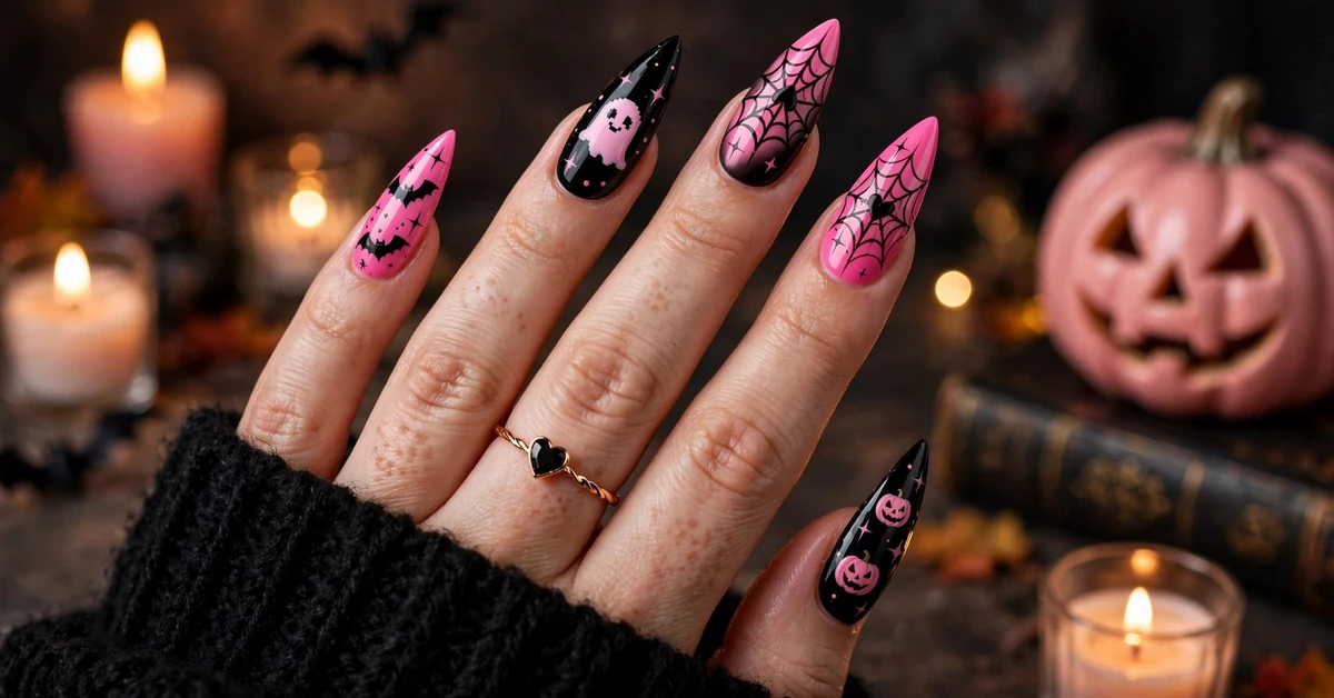 Pink and black Halloween nails with spiderweb, ghost and pumpkin art