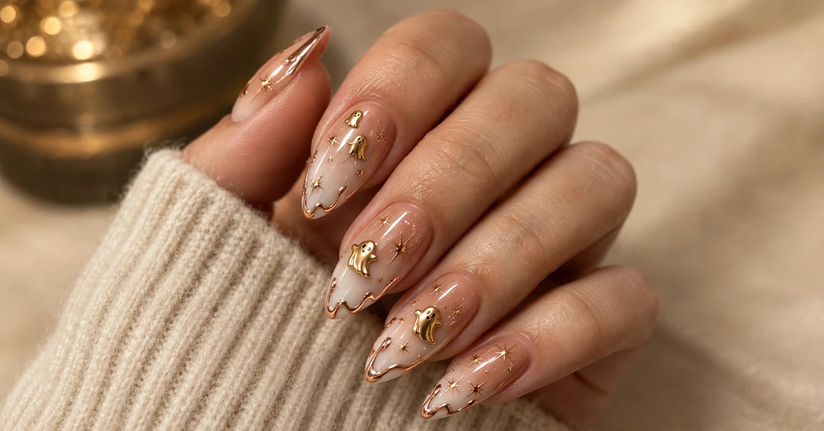 Chrome rose gold metallic drip ghost nails with luxe Halloween nail art