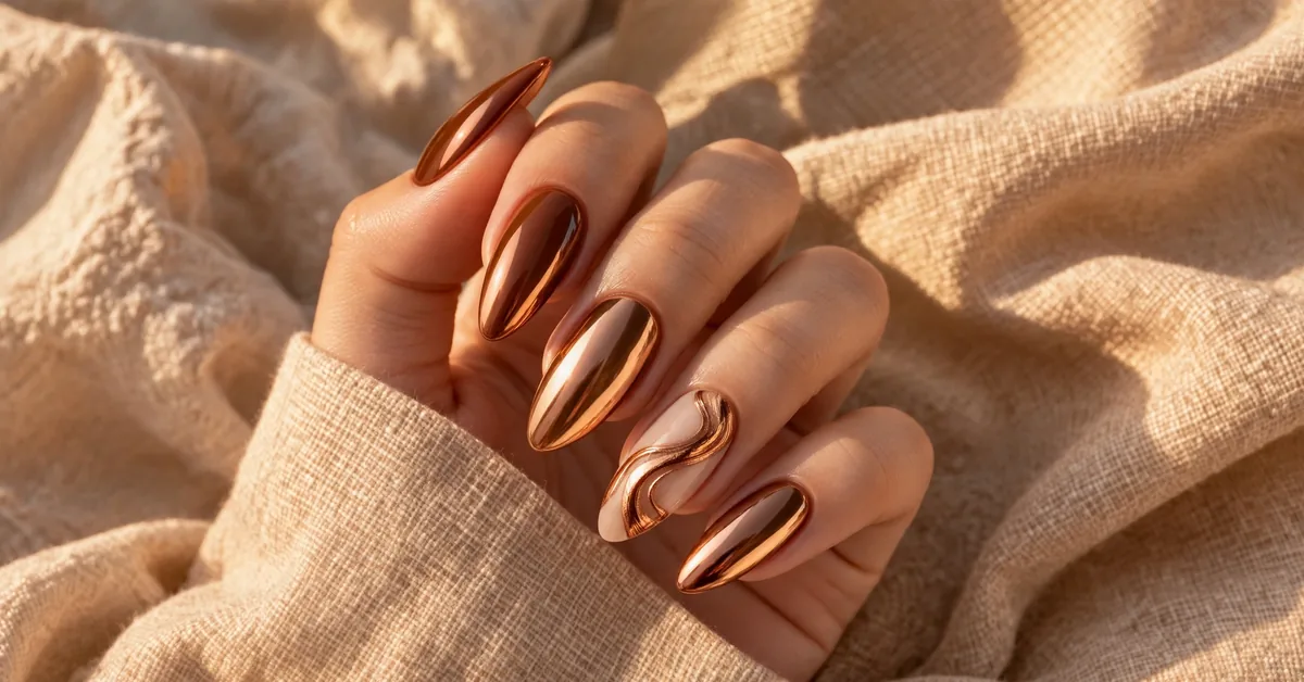 Metallic Bronze Swirl Nail Art Ideas | Fall Chrome Nails Inspo