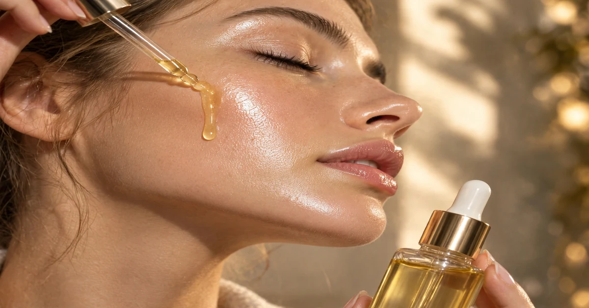 Golden Hour Glow face oil step in a winter beauty routine