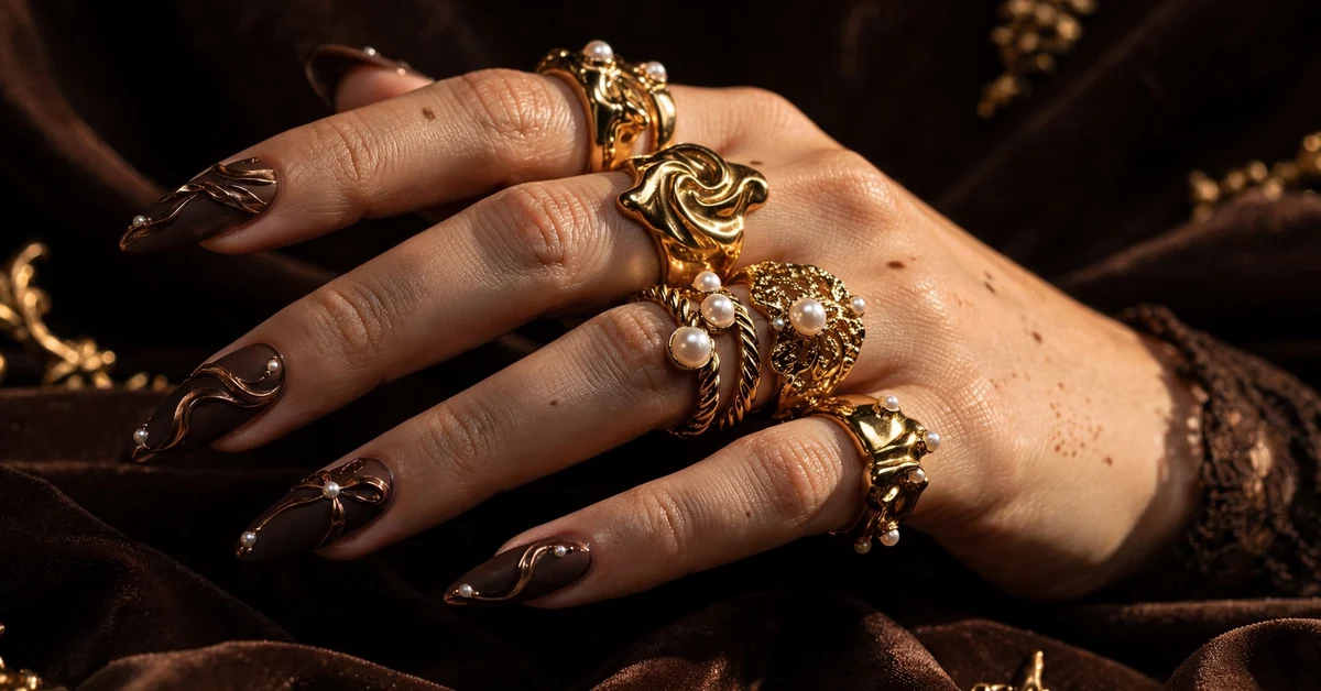 Dark Chocolate Bronze Pearl Nails – Winter Glam Beauty Ideas