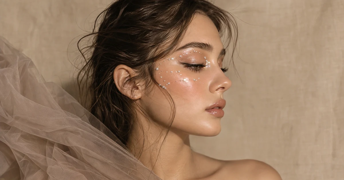Ethereal pearl face embellishment and dewy glass skin look