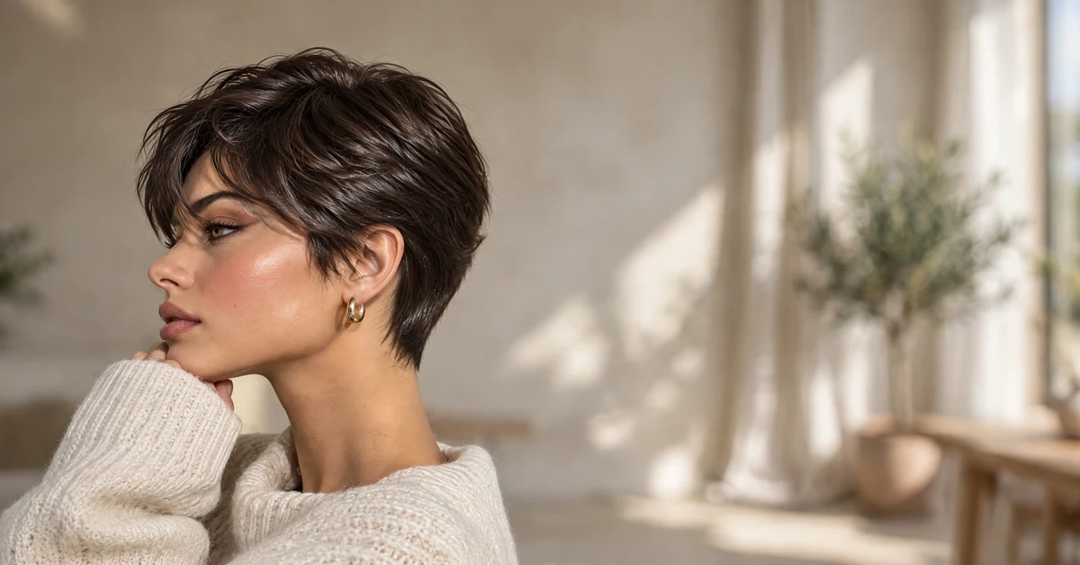 Dark Chocolate Glossy Pixie | Minimalist Clean Girl Hair