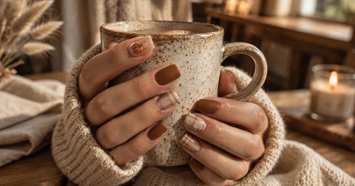 Cozy fall nail ideas: matte brown nails with plaid art and a 3D pumpkin accent