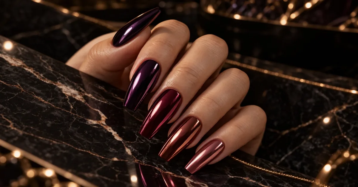 Dark Cherry Chrome Coffin Nails | Trendy Dark Feminine Manicure