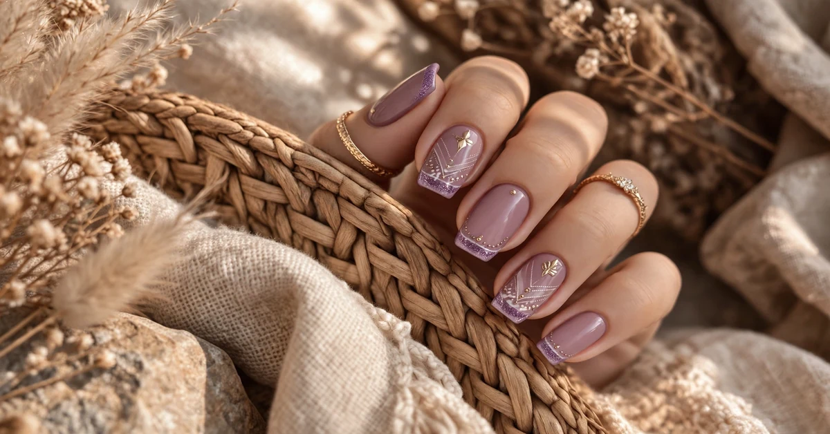 Soft Lavender Geometric French Nails | Elegant Woven Aesthetic