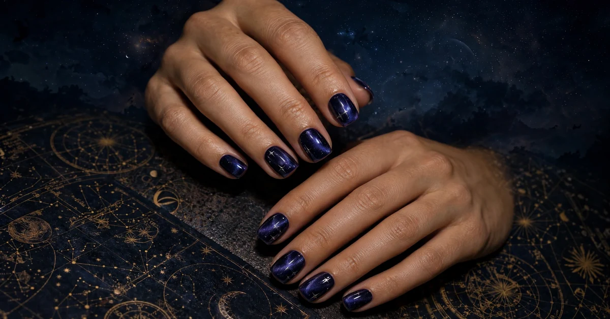 Deep Midnight Navy Celestial Nails – Winter Glam Beauty Ideas