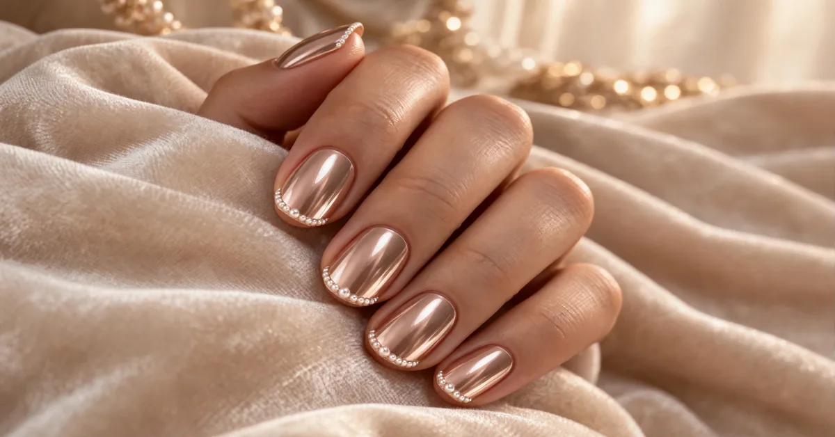 Pearl Cuticle Champagne Chrome Nails | Clean Girl Aesthetic