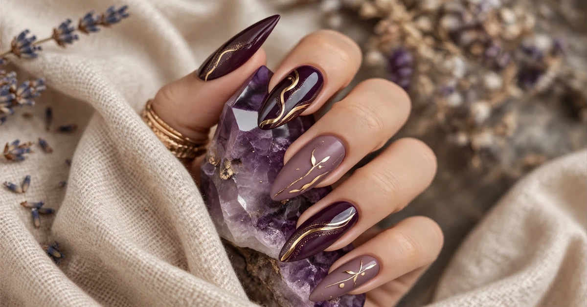 Deep Plum Amethyst Crystal Nails | Gold Liquid Swirl Art