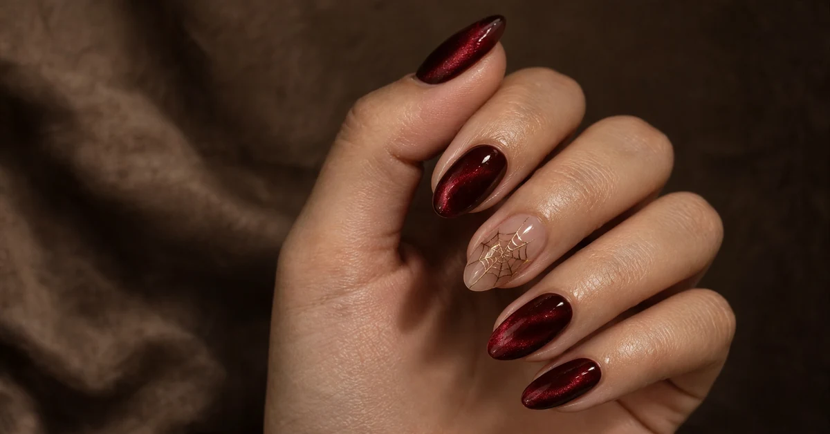 Fall nail ideas: deep burgundy cat-eye nails with a delicate gold spider web accent