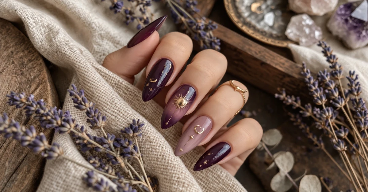 Celestial Moon & Sun Nail Art | Dried Lavender Aesthetic