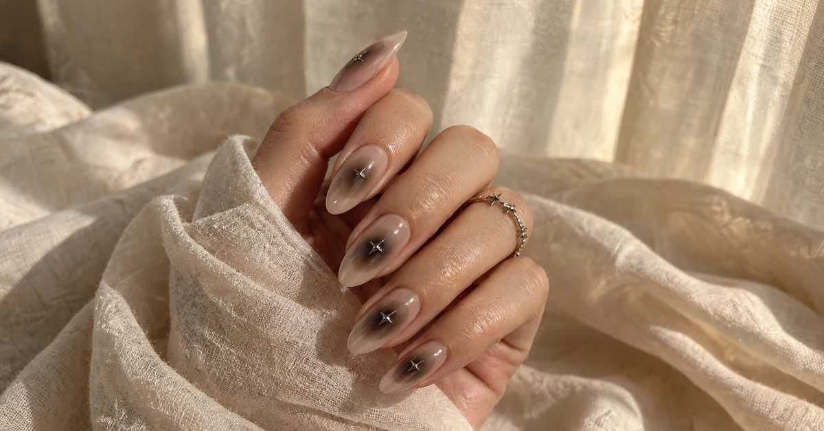 Smoky aura nails with 3D silver celestial star charms