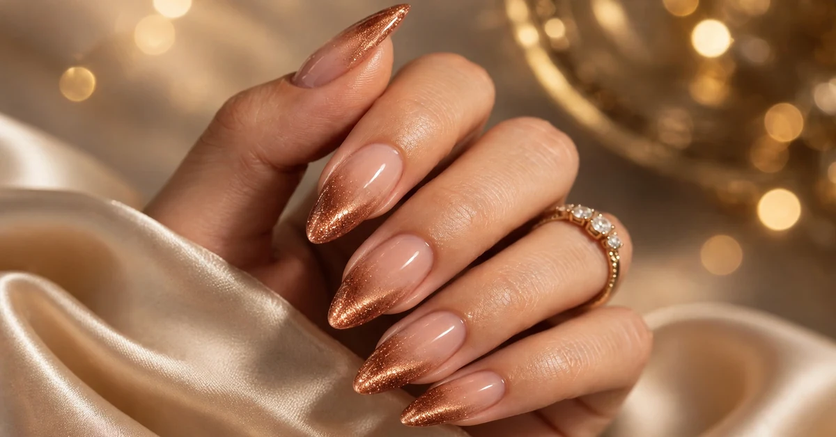 Glossy Copper Glitter Ombré Nails on almond shape
