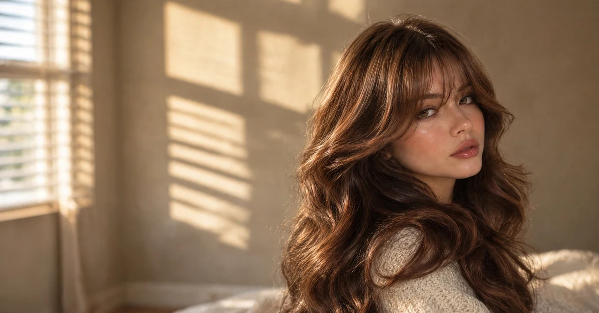 Warm chestnut brown waves with soft curtain bangs