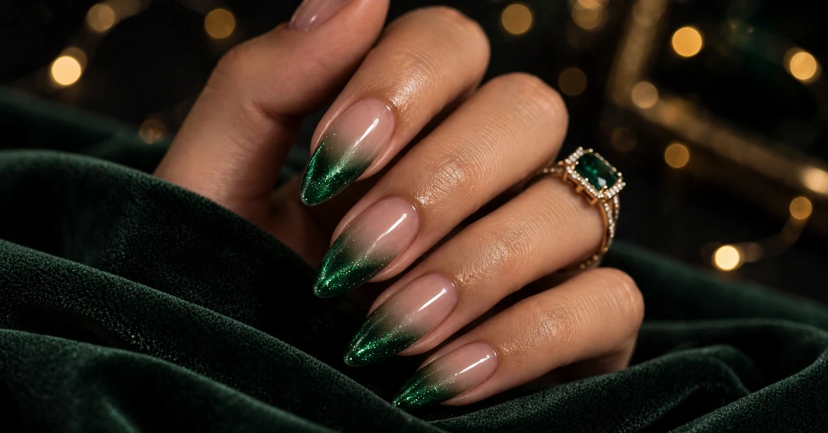 Luxury Emerald Ombré Nail Design in deep green