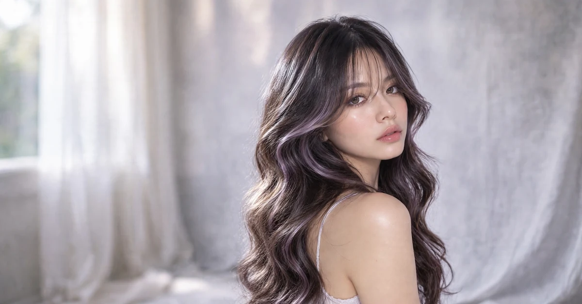 Soft lavender ash money piece highlights on dark hair