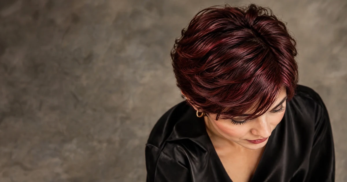 Deep Burgundy Wine Pixie Cut | Glossy Short Hair Inspo