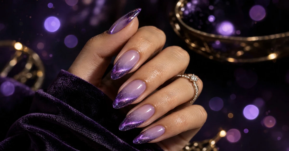 Cosmic Purple Cat Eye and Ombré galaxy nails