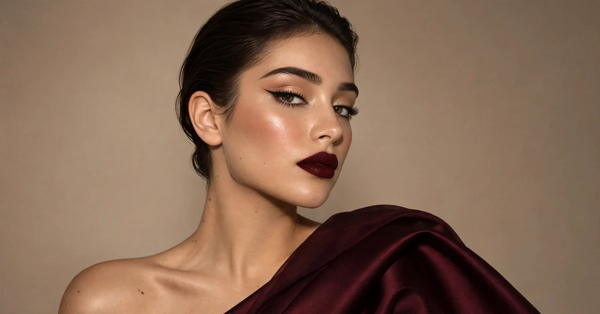 Deep Velvet Burgundy Lipstick & Sharp Eyeliner