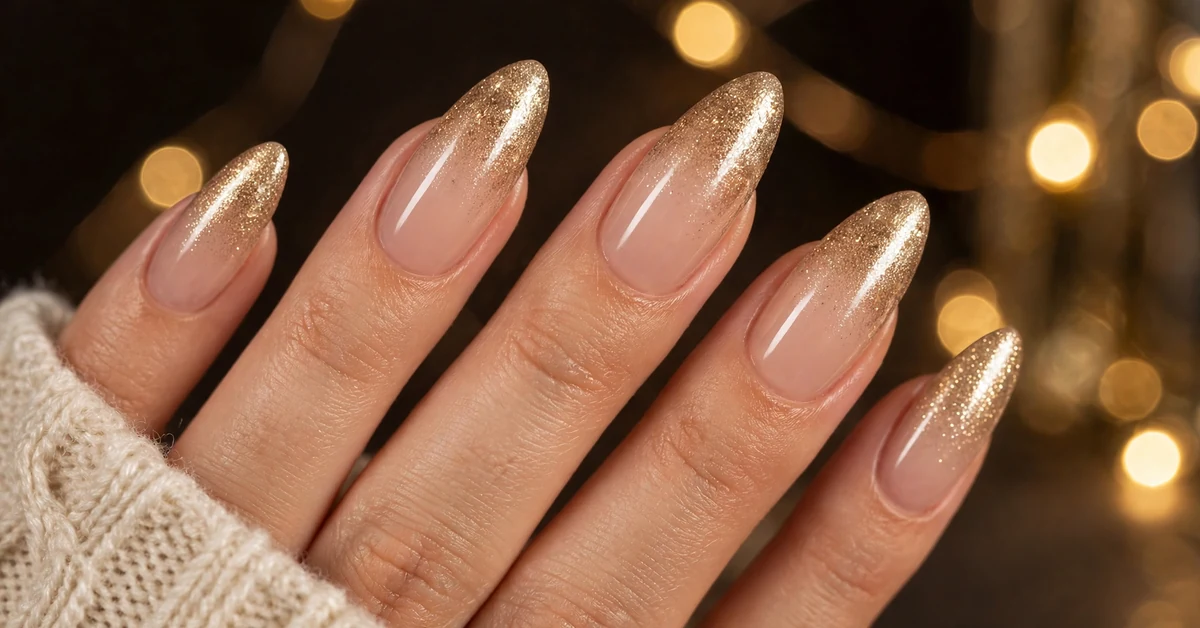 Luminous Champagne Gold Glitter Nails