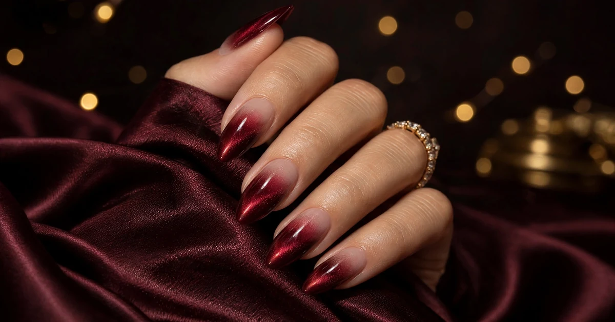 Velvet Burgundy Cat Eye Ombré Nails in wine red