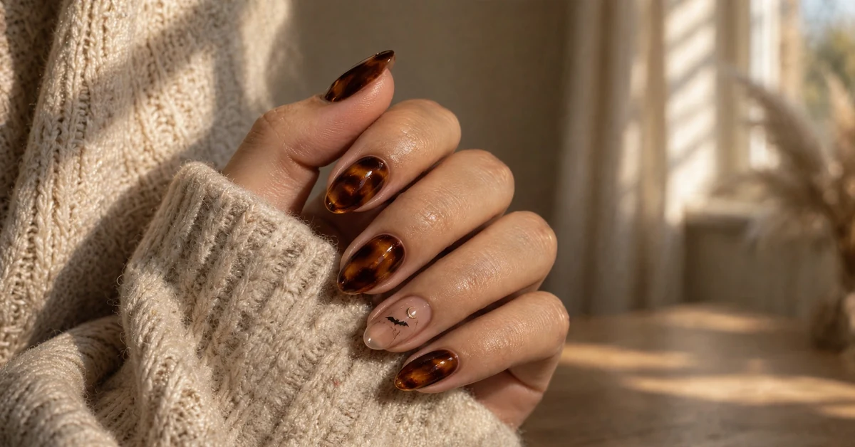 Fall nail ideas: glossy tortoiseshell nails with cute Halloween bat and moon accents