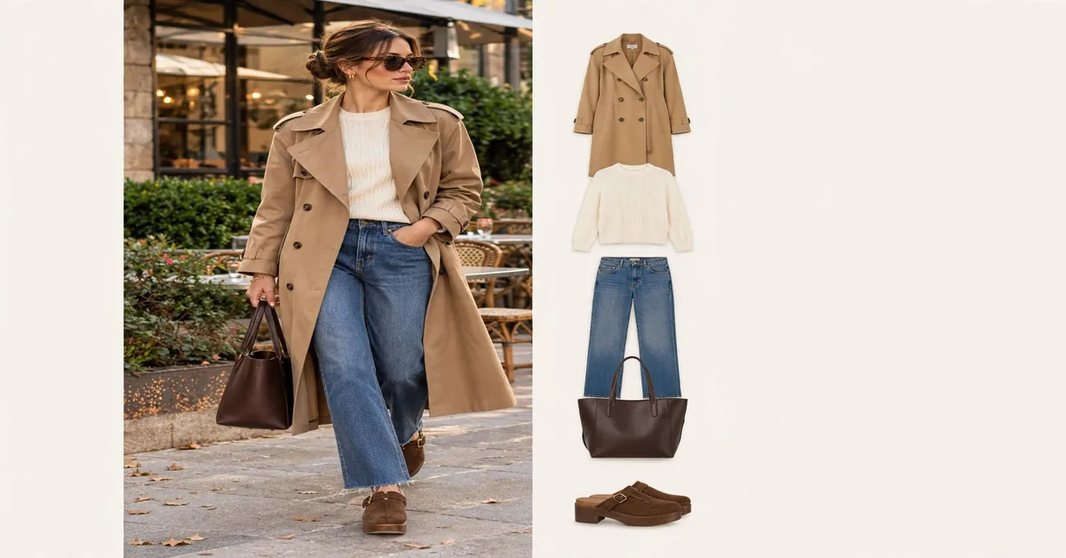Chic Fall Transit Look Layered Trench Coat & Wide-Leg Denim