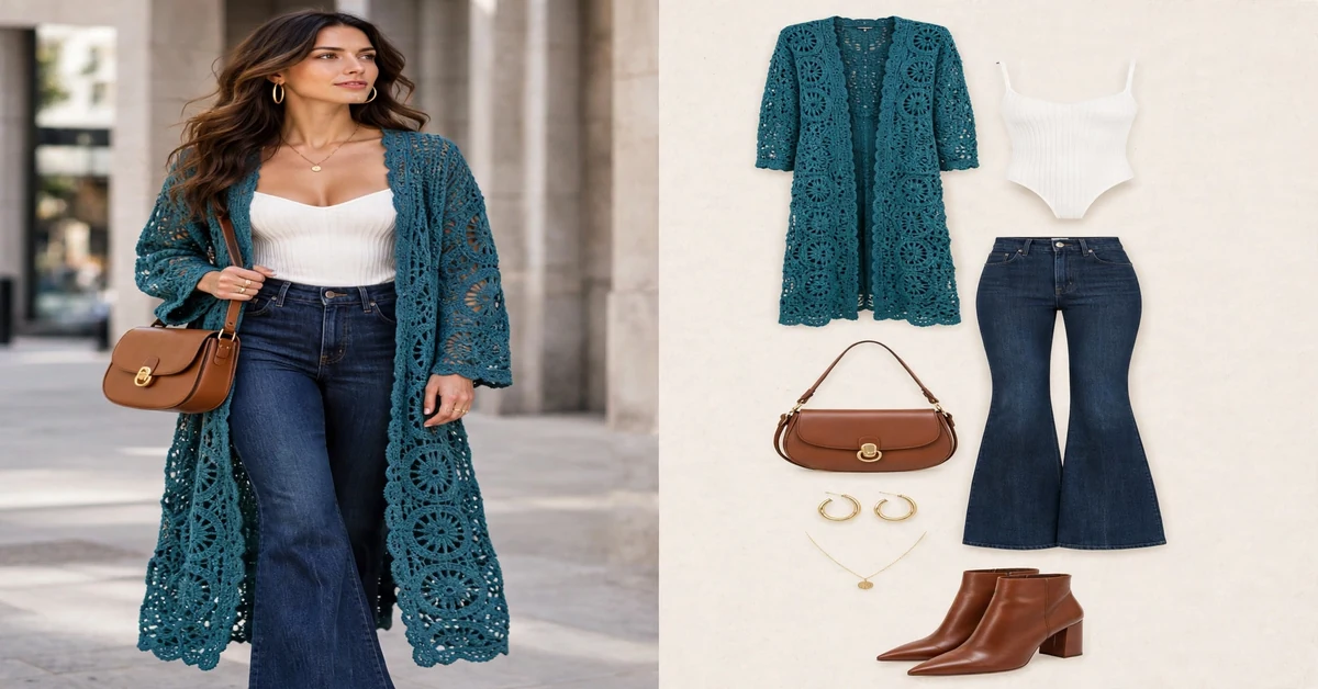 Bohemian Teal Long Cardigan and Flare Jeans Outfit — crochet outfits for women