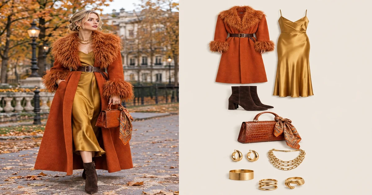 Rust feather-trim coat over gold satin dress - luxury winter outfits