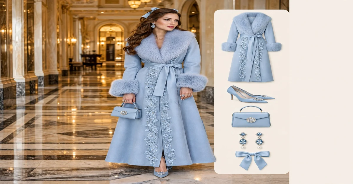 Powder blue fur trimmed winter gown — luxury winter outfits for women