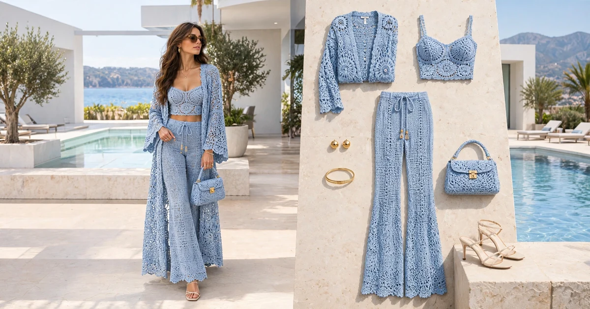 Powder Blue Crochet Duster and Matching Knit Set