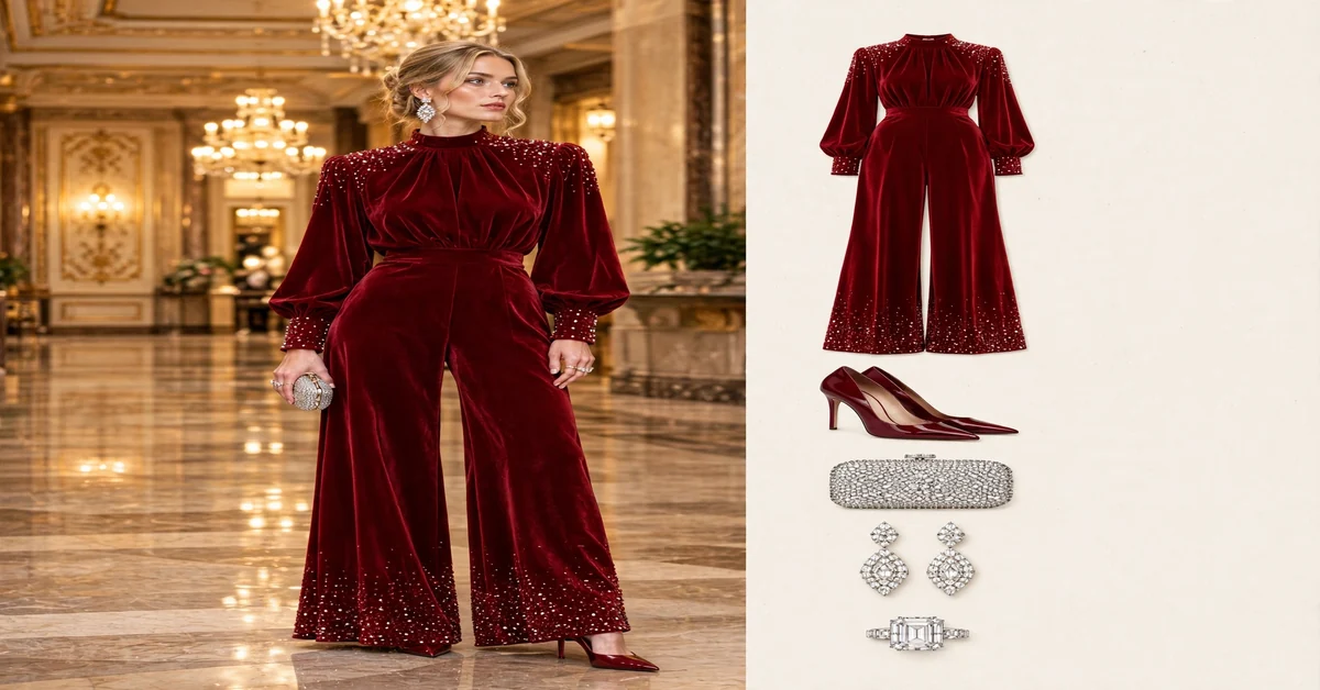 Crimson red velvet beaded jumpsuit — luxury winter evening wear