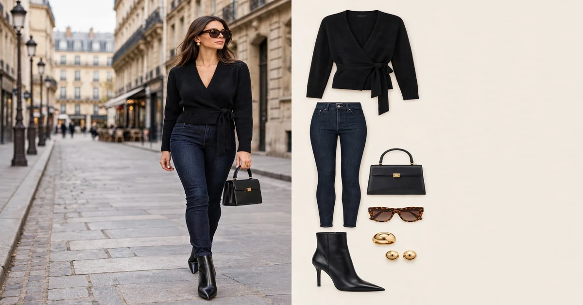 Chic Black Wrap Cardigan and Dark Denim Fall Look