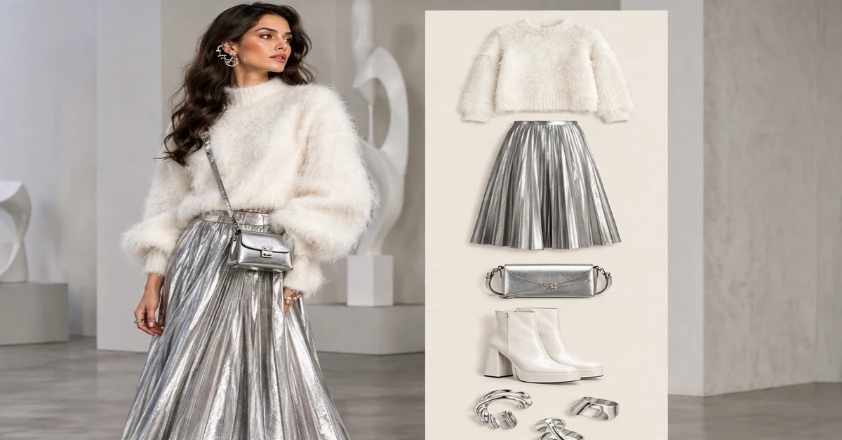Dramatic Silver and White editorial texture mixing look