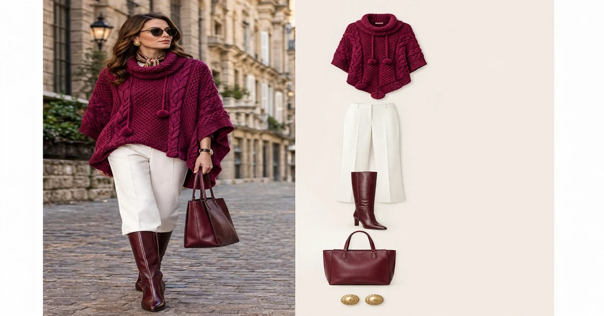 Rich berry cable knit poncho outfit — luxury winter outfits for women