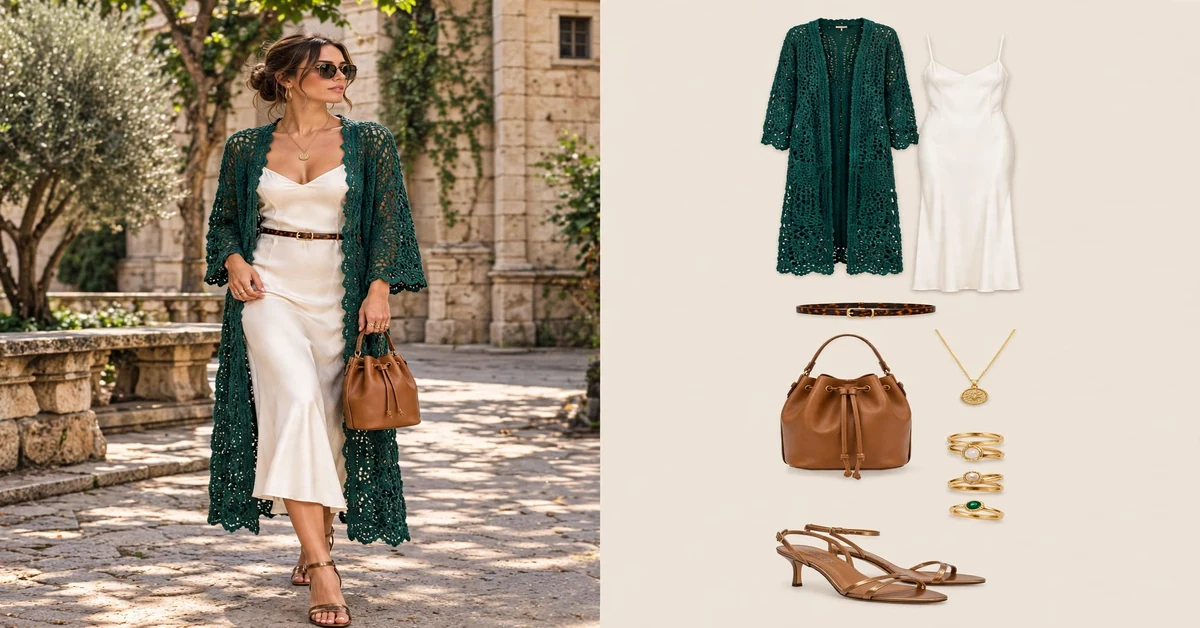 Emerald Crochet Duster and Ivory Slip Dress Outfit — crochet outfits for fall