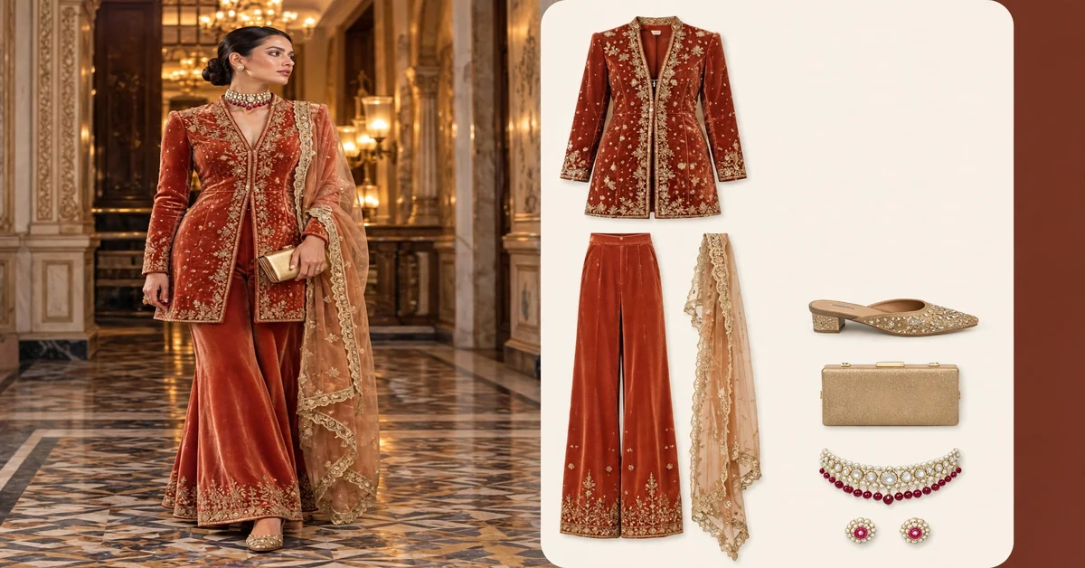 Terracotta velvet embroidered jacket set with zari work