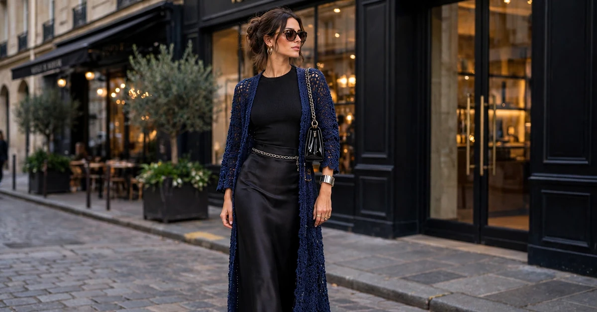 Midnight Blue Crochet Duster and Black Satin Outfit