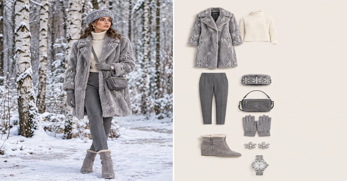 Silver snowflake faux fur coat with winter accessories