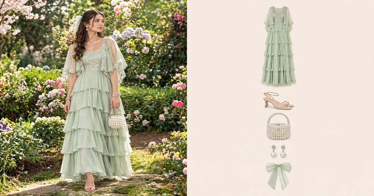 Mint green embroidered tiered maxi dress for resort wear