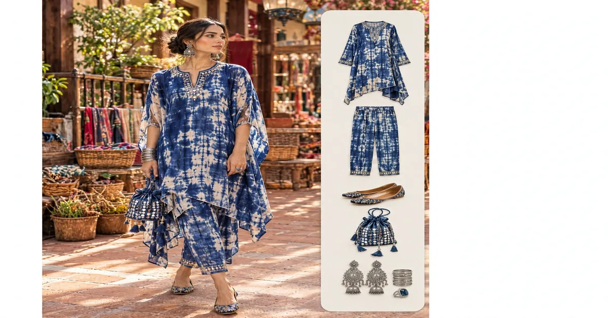 Boho Luxe Elegance Indigo Tie-Dye Asymmetric Kurti & Trousers