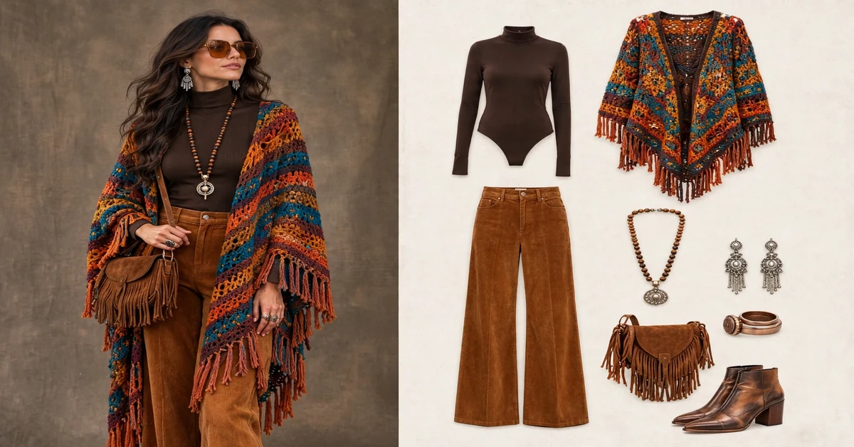 Boho Multi-Tone Crochet Poncho and Corduroy Outfit — bohemian crochet outfits