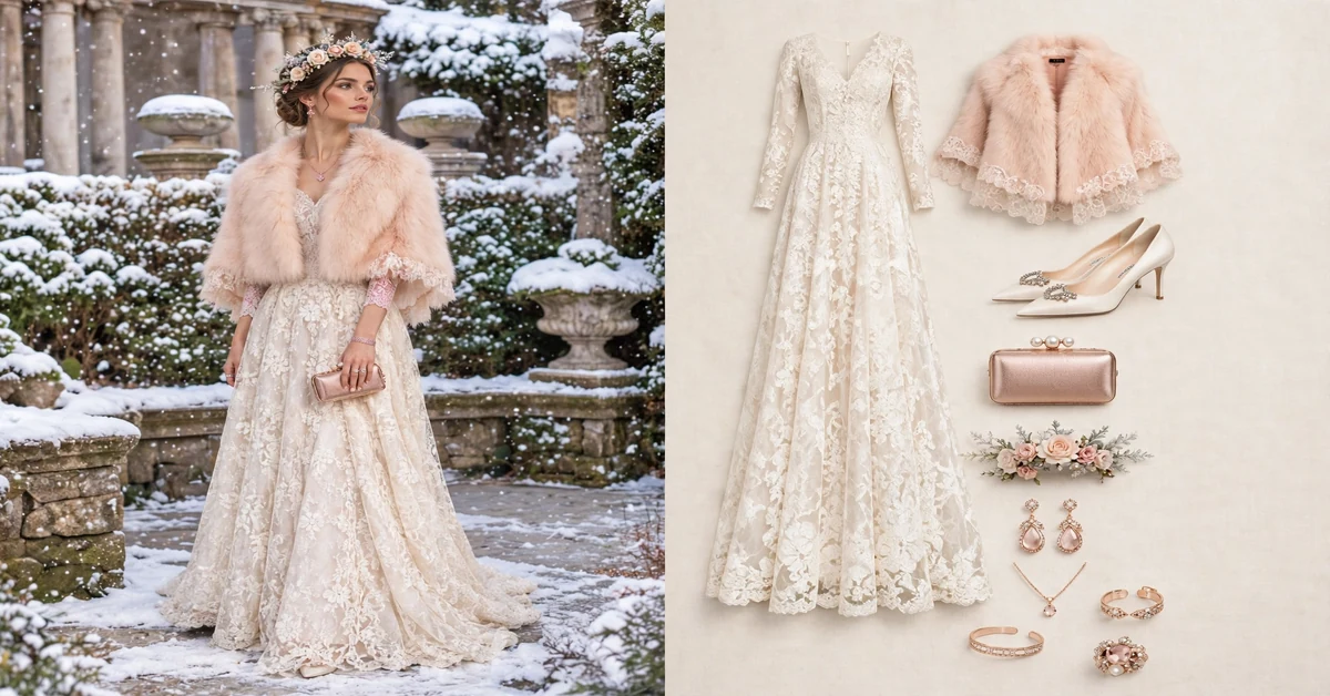 Princesscore peach rose faux fur and lace dress outfit